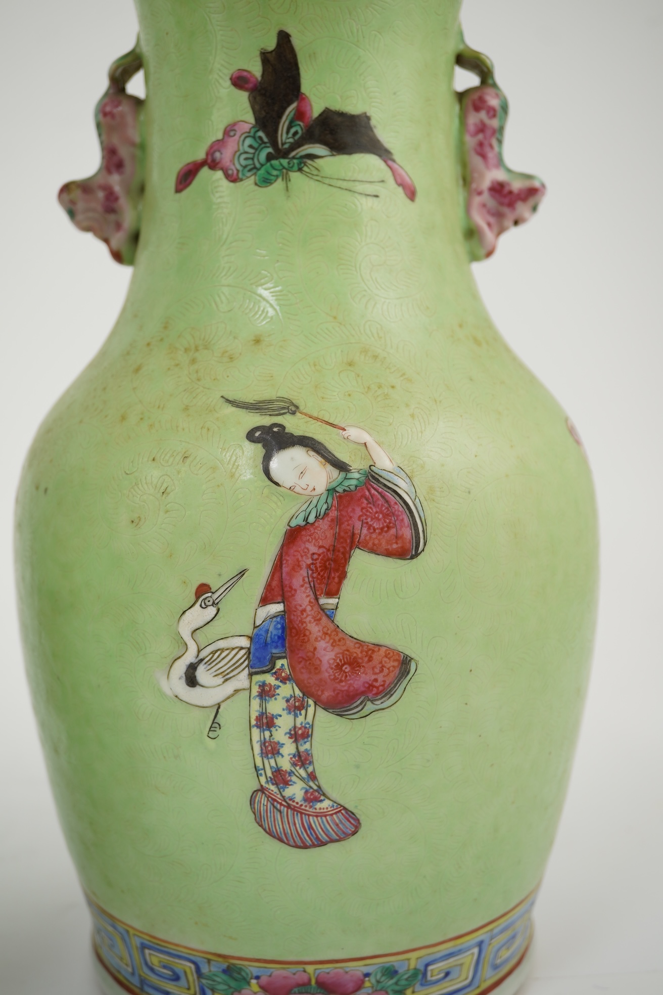 A pair of Chinese lime-green sgraffito ground vases, late 19th century